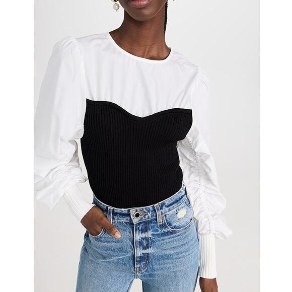 En Saison Mixed Media Long Sleeve Sweetheart Neck Top White Black Small - Picture 1 of 9